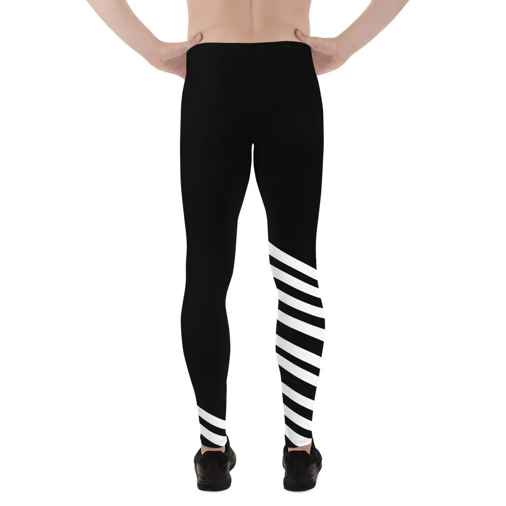 Black White Diagonal Striped Meggings, Modern Minimalist Striped Men's Athletic Running Leggings-Made in USA/EU/MX