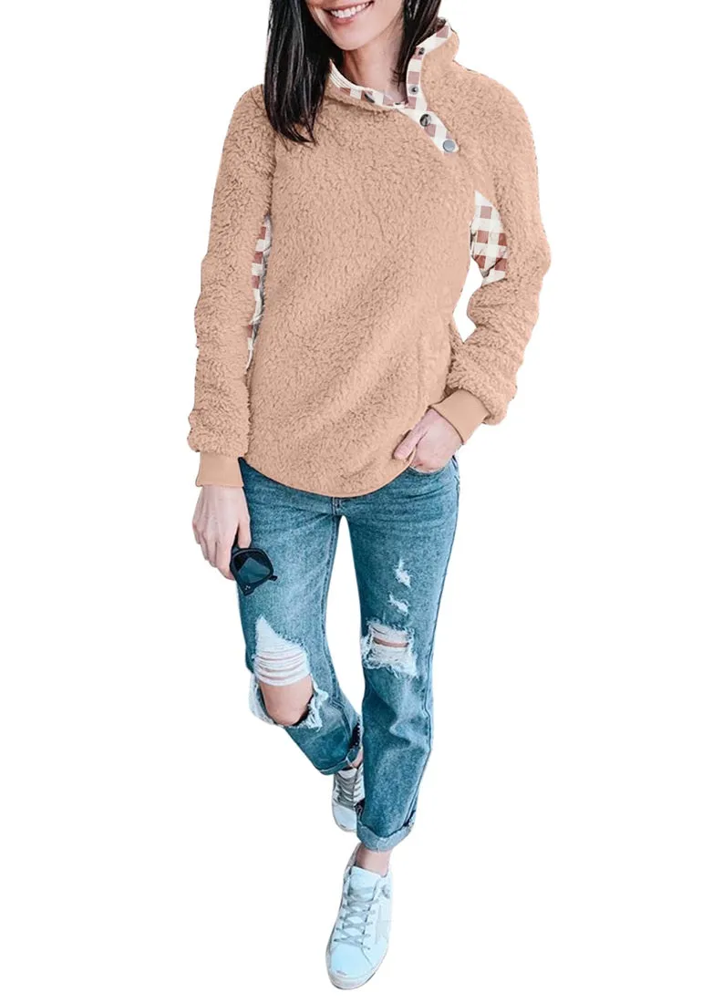 Blush Split Cowl Neck Plaid Fleece Sweater Top