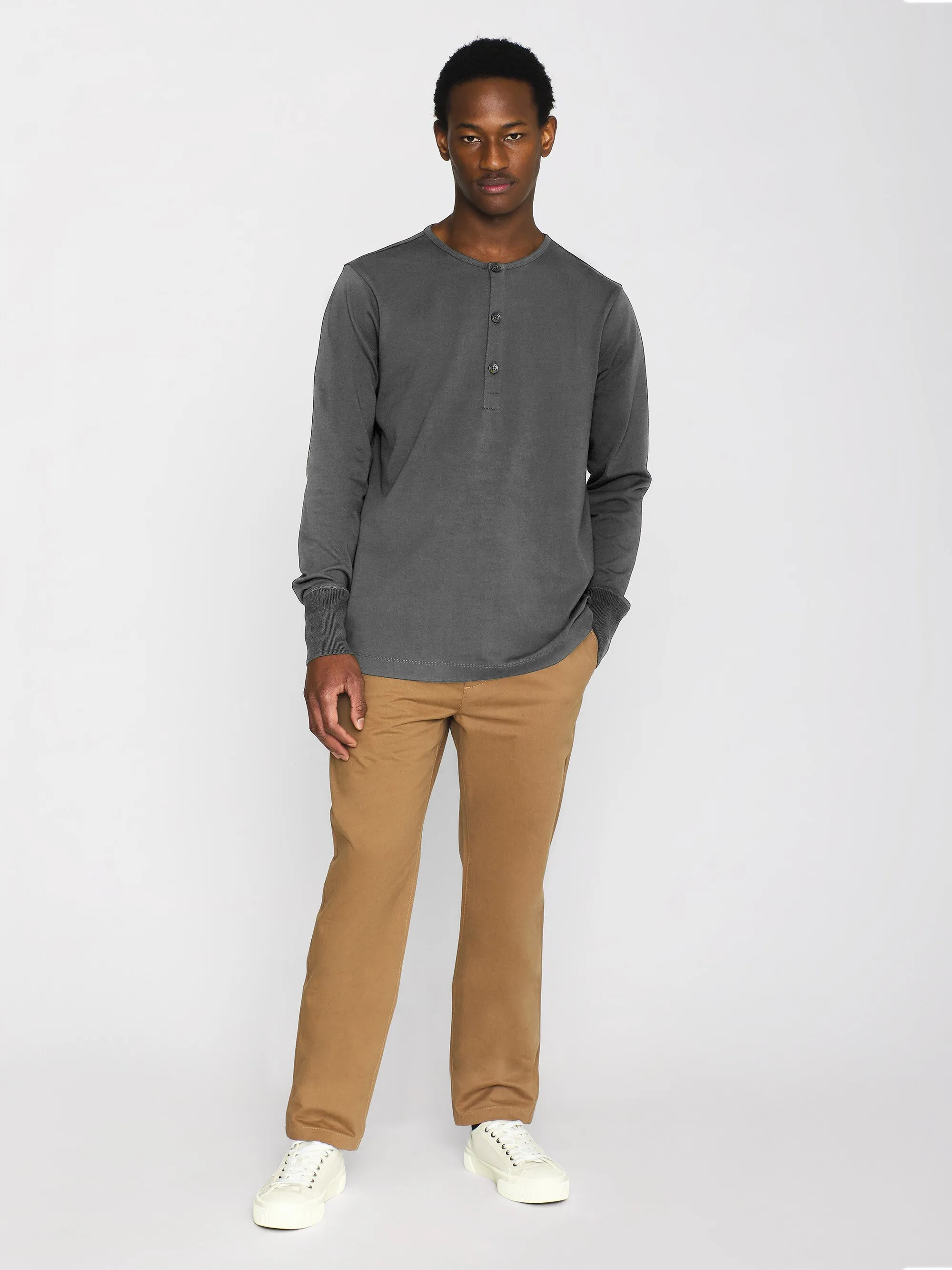 BO long sleeve henley - Regenerative Organic Certified™ - GOTS/Vegan - Dark Grey Melange