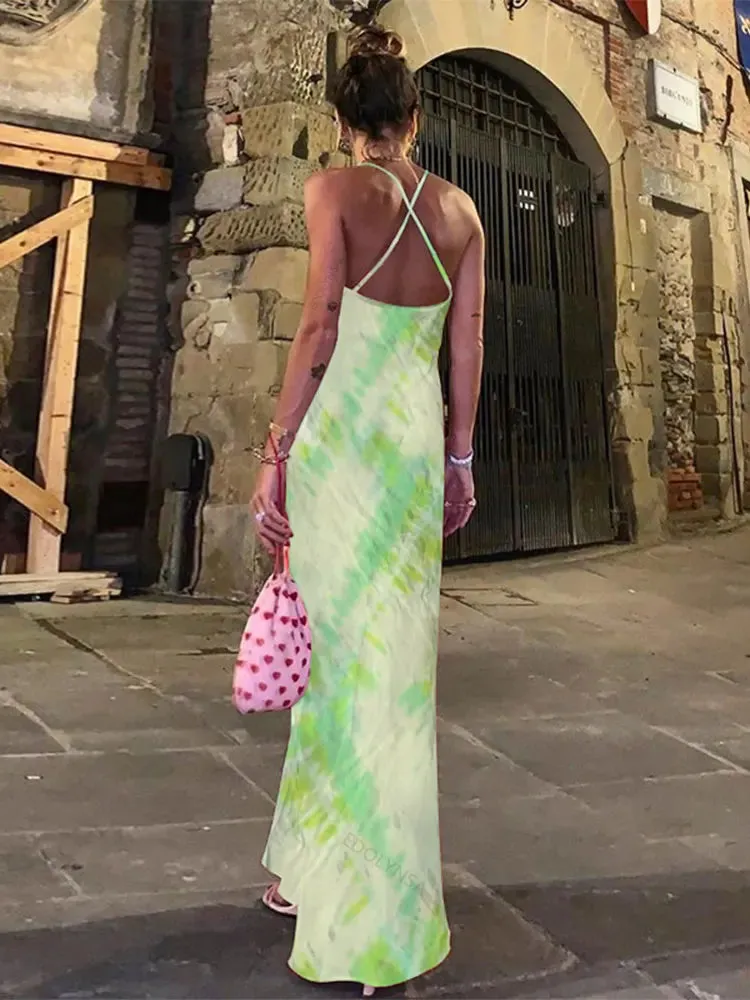 Boho Print Green Maxi Dress for Beach Party