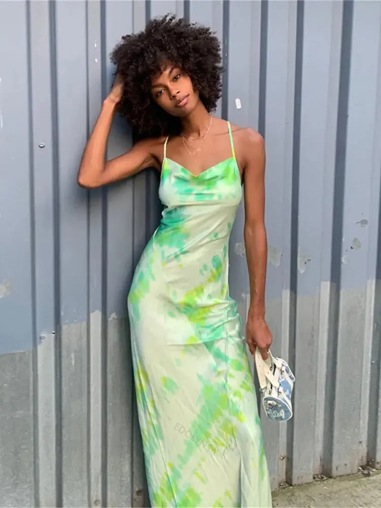 Boho Print Green Maxi Dress for Beach Party