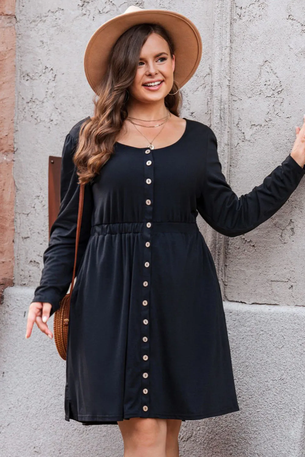 Button Front Elastic Waist Long Sleeve Dress