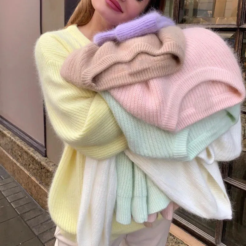 Candy-Colored Oversized Knitted Long Sleeve Pullover Sweaters