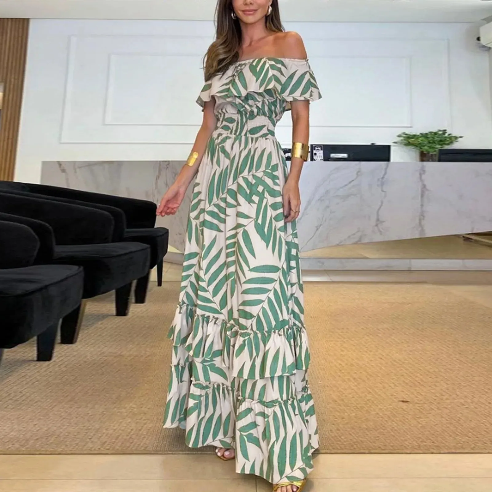 Casual Flowy Square Off Shoulder Smocked Back Floral Maxi Boho Dress for Summer 2024