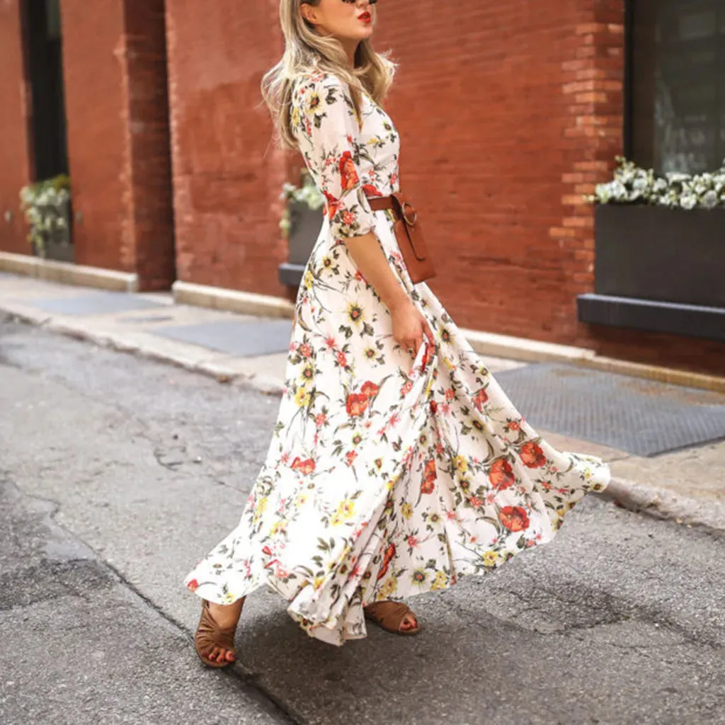 Casual Half Sleeve Swing Floral-Printed Holiday Maxi Women's Boho Dress - Clearance