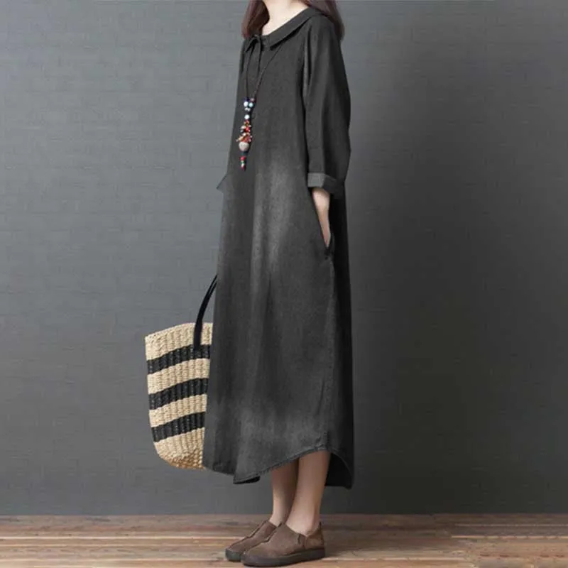 Casual Oversized Long Sleeve Ankle Length Denim Dress with Pockets