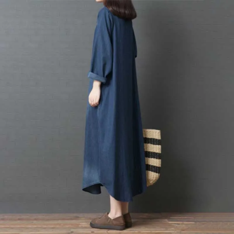 Casual Oversized Long Sleeve Ankle Length Denim Dress with Pockets