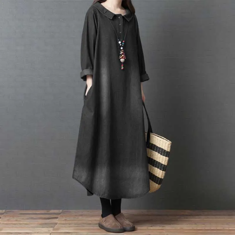 Casual Oversized Long Sleeve Ankle Length Denim Dress with Pockets