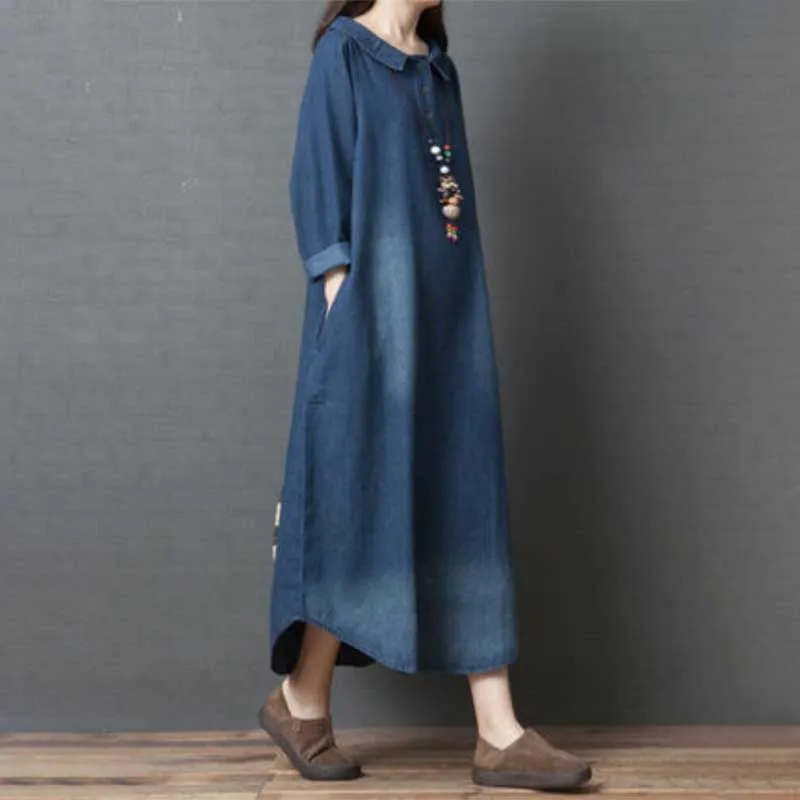 Casual Oversized Long Sleeve Ankle Length Denim Dress with Pockets