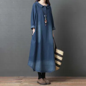 Casual Oversized Long Sleeve Ankle Length Denim Dress with Pockets