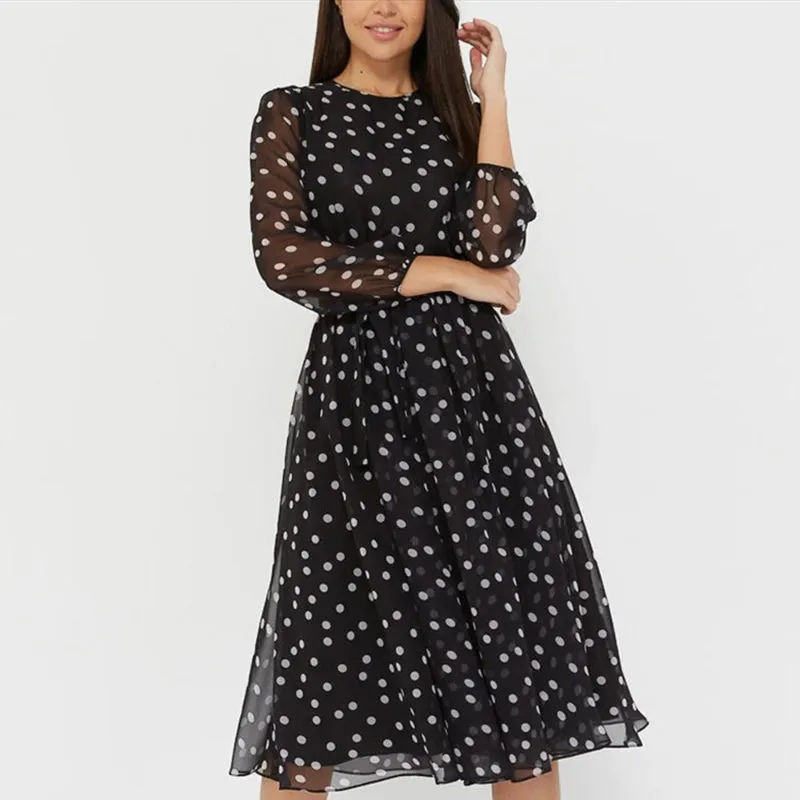 Casual Polka Dot Print Long Sleeve Elastic Waist Mid-Calf Dresses