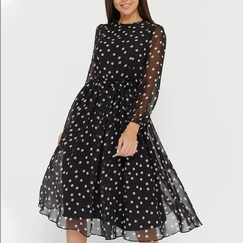 Casual Polka Dot Print Long Sleeve Elastic Waist Mid-Calf Dresses