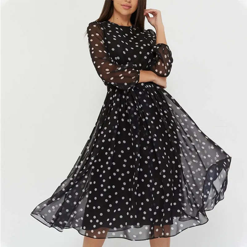 Casual Polka Dot Print Long Sleeve Elastic Waist Mid-Calf Dresses