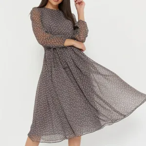 Casual Polka Dot Print Long Sleeve Elastic Waist Mid-Calf Dresses