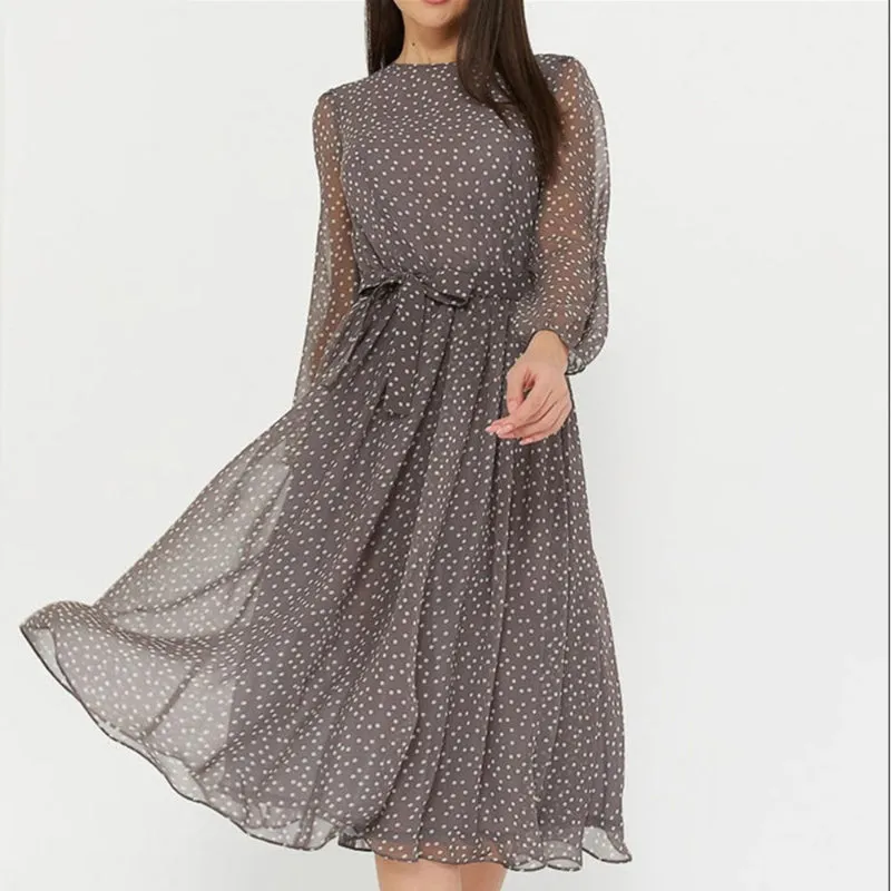 Casual Polka Dot Print Long Sleeve Elastic Waist Mid-Calf Dresses