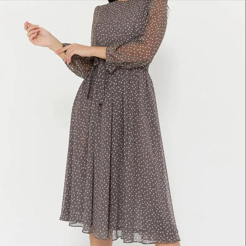 Casual Polka Dot Print Long Sleeve Elastic Waist Mid-Calf Dresses