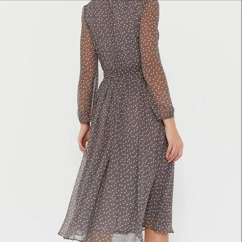 Casual Polka Dot Print Long Sleeve Elastic Waist Mid-Calf Dresses