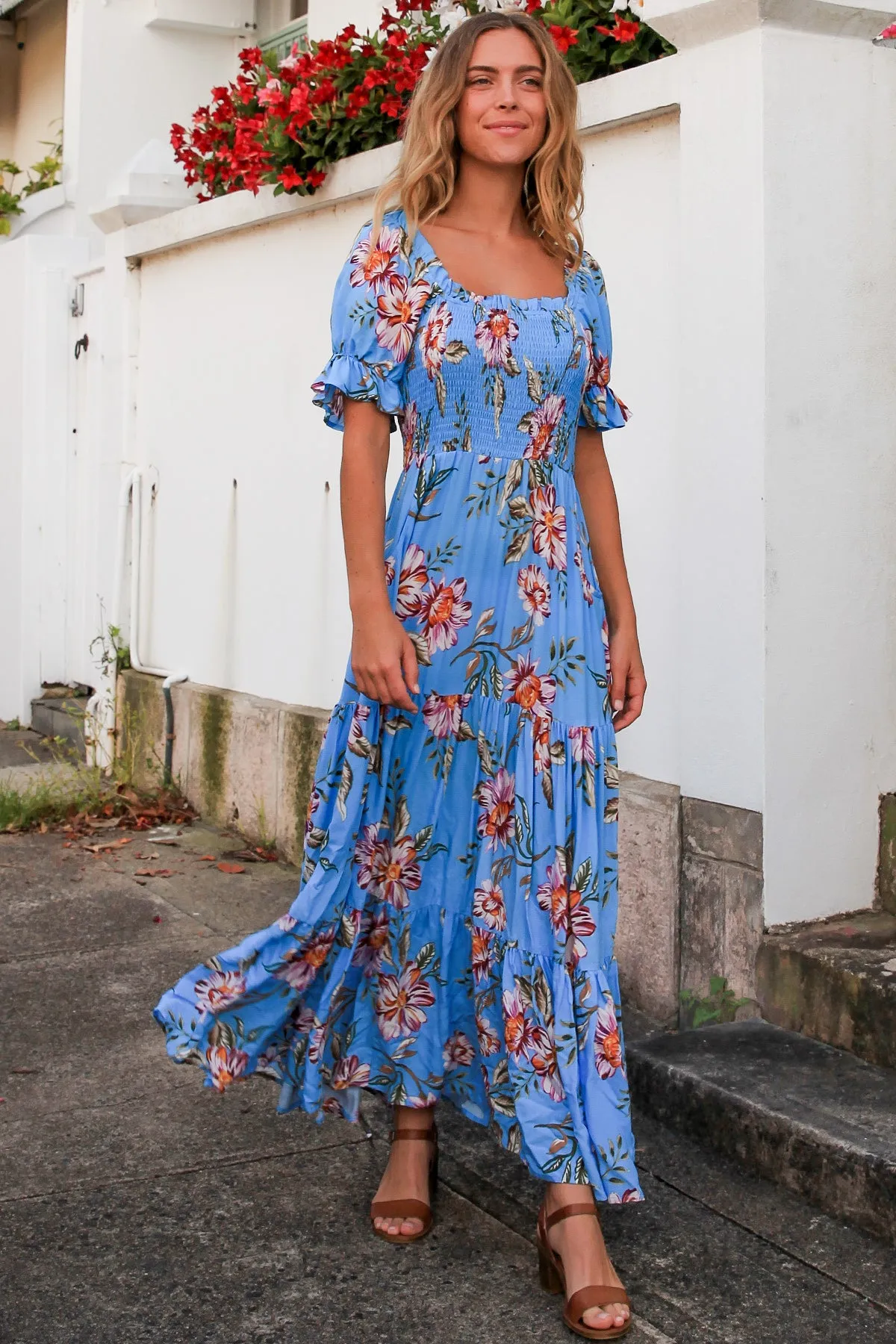 Cecilia  Flounce Sleeve Shirred Bust Maxi Dress