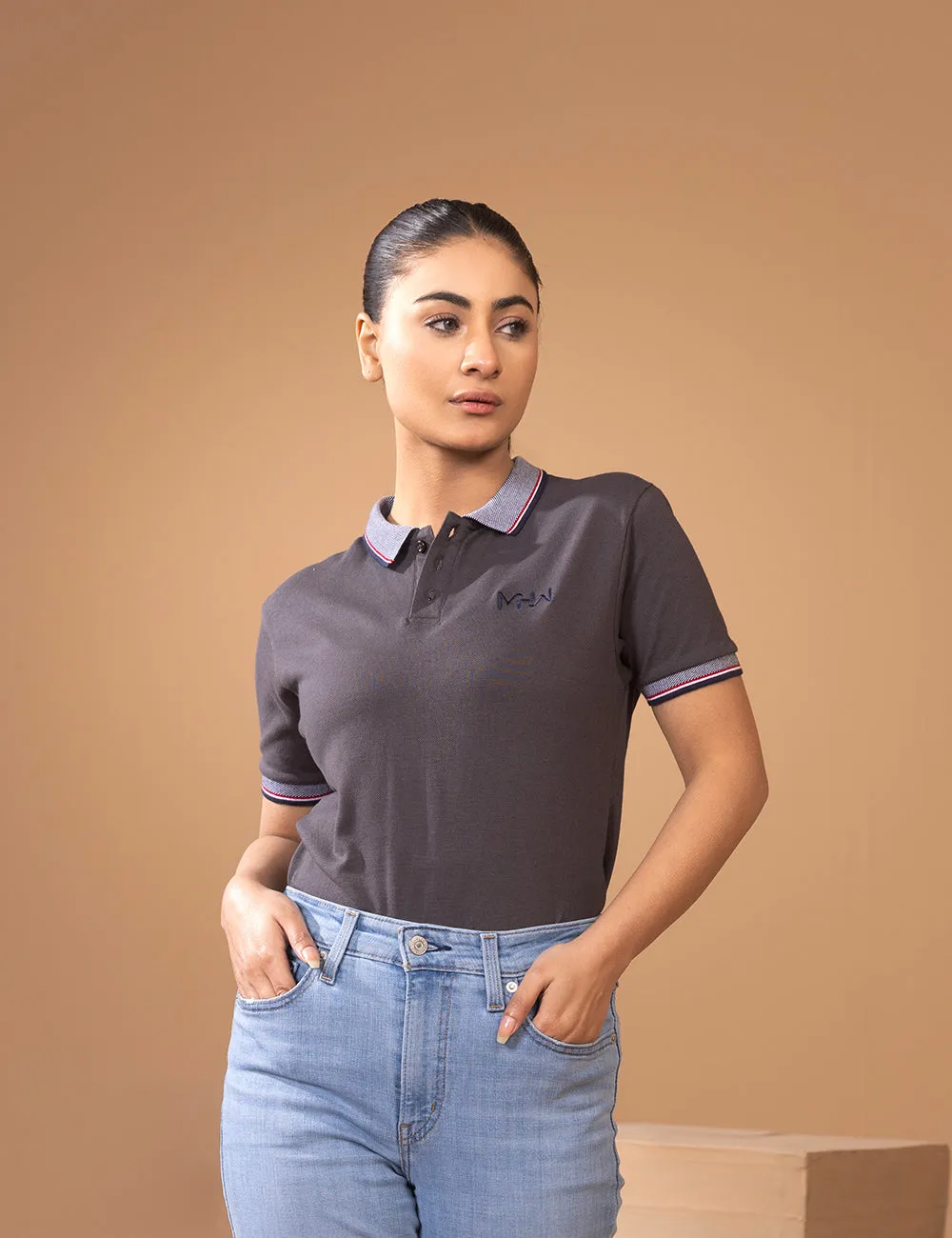 Charcoal Grey Contrast Tipping Collar Women Polo Shirt