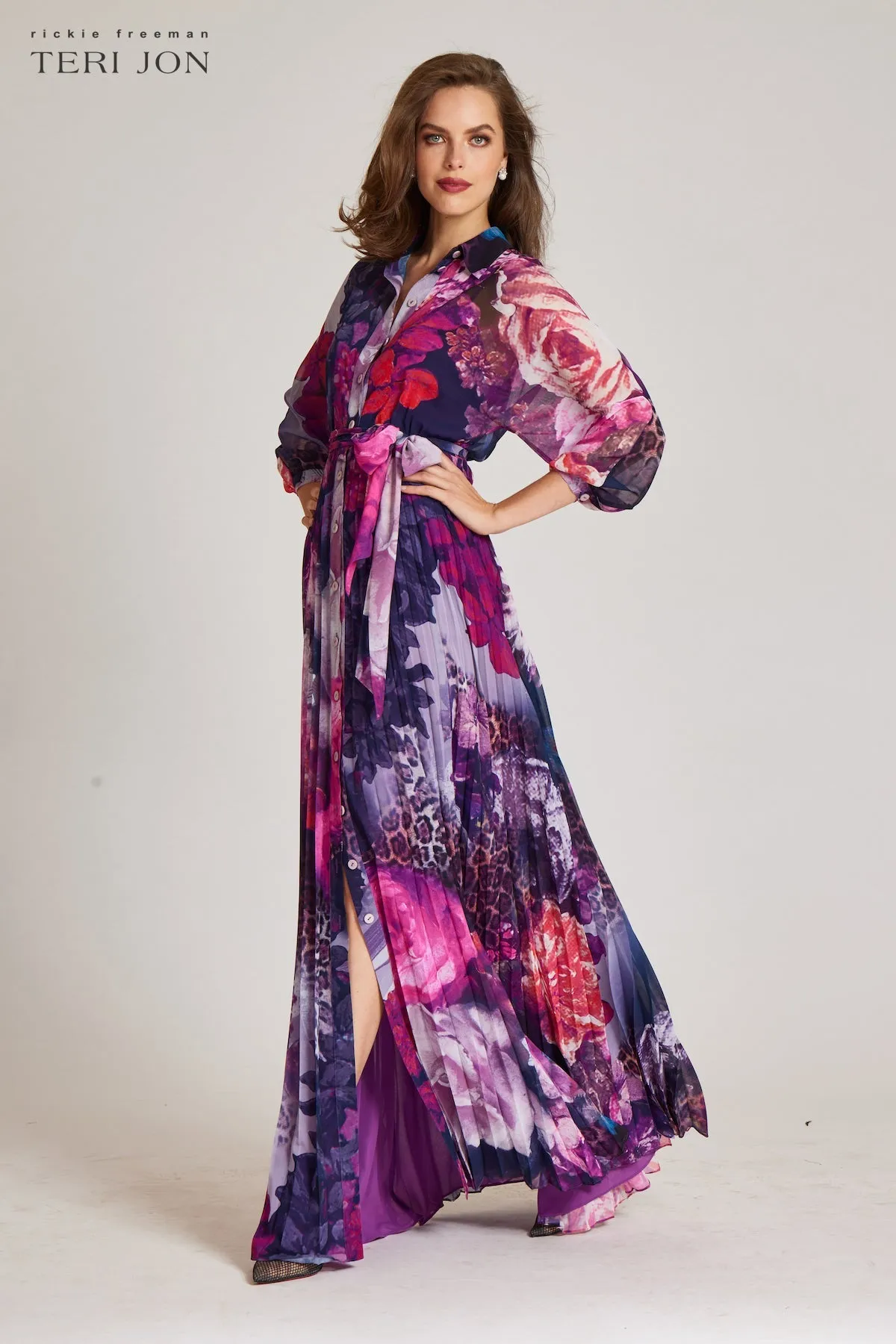 Chiffon Floral Pleated Long Sleeve Dress