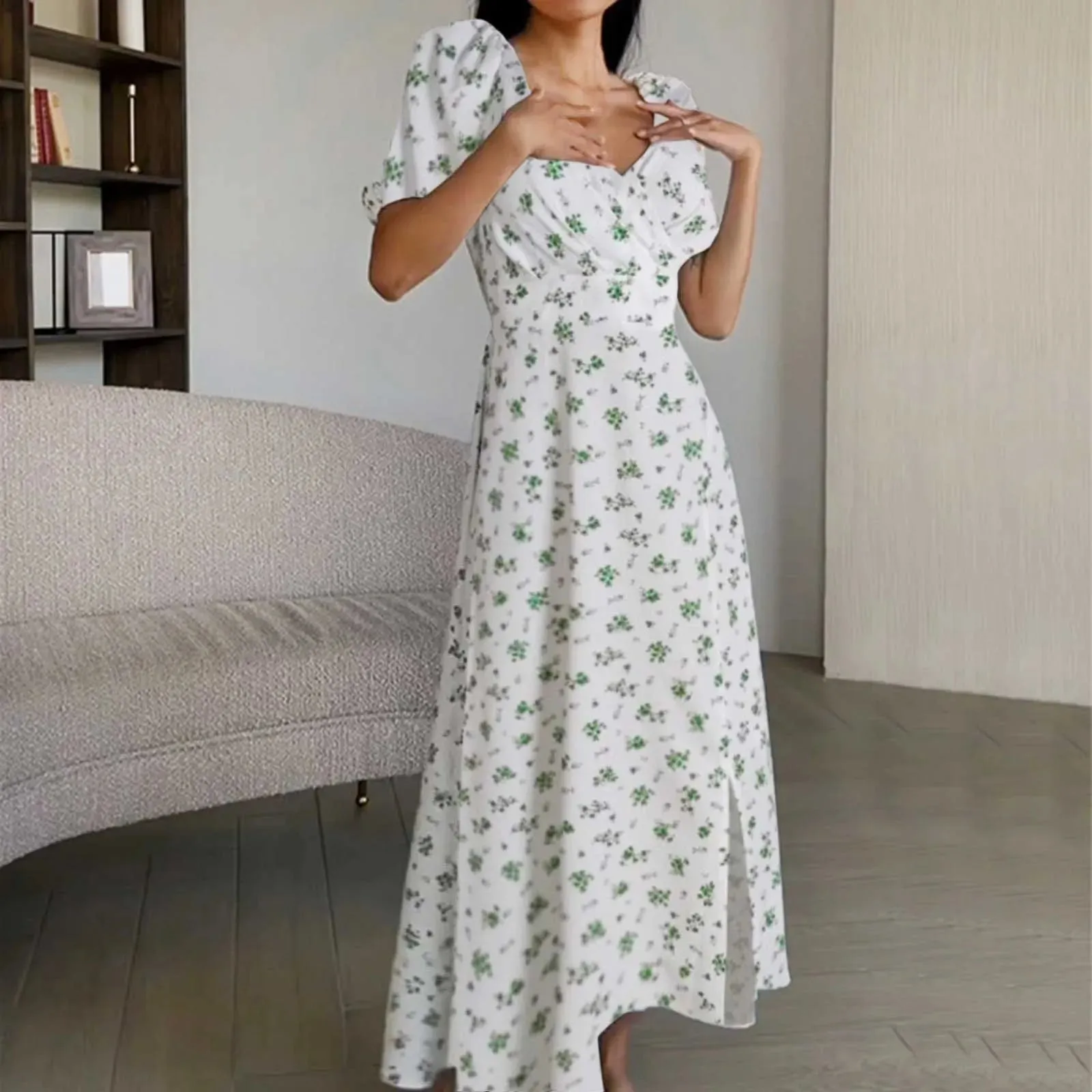 Chiffon Floral Print Vintage Long Maxi Side Slits Sexy Summer Casual Elegant Dress