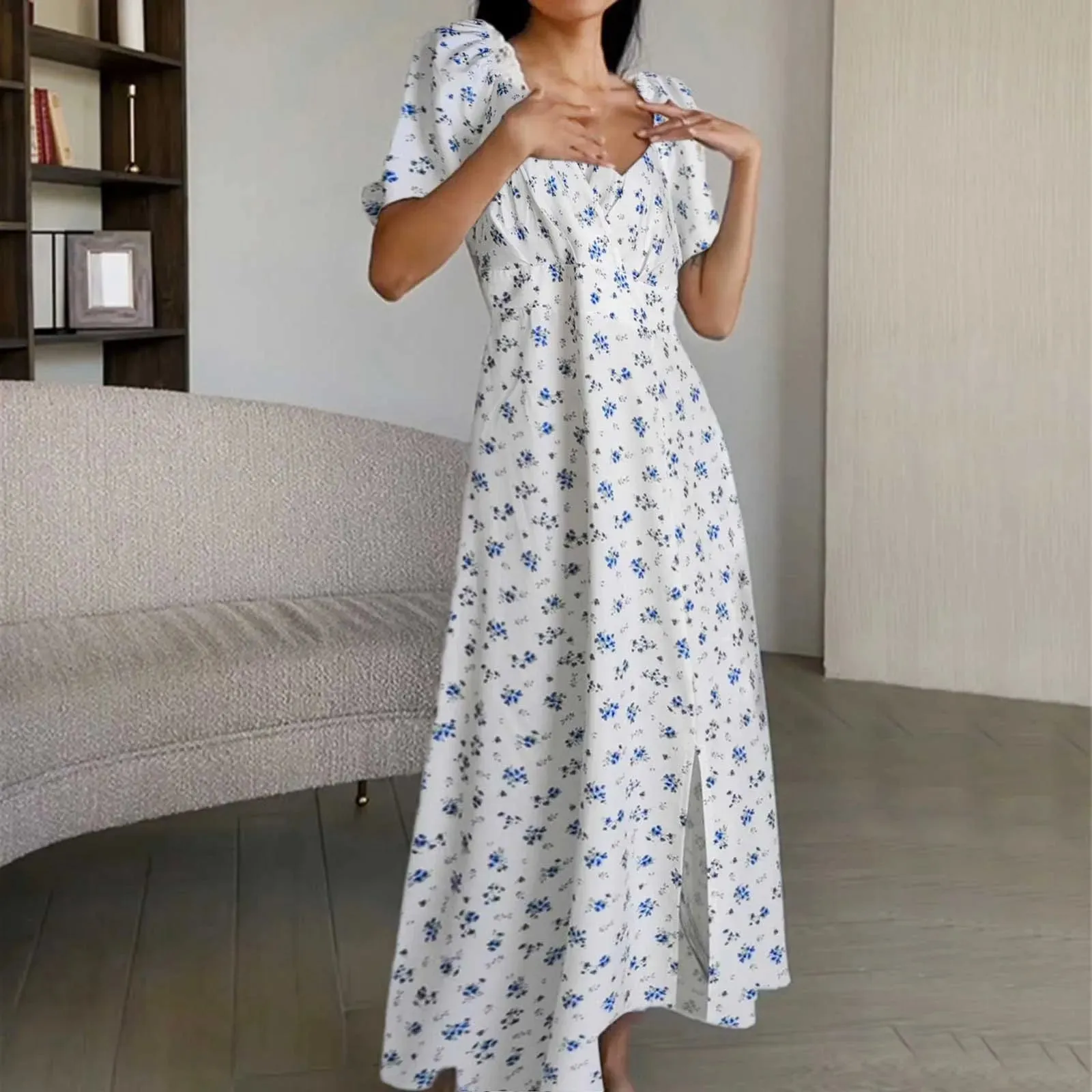 Chiffon Floral Print Vintage Long Maxi Side Slits Sexy Summer Casual Elegant Dress