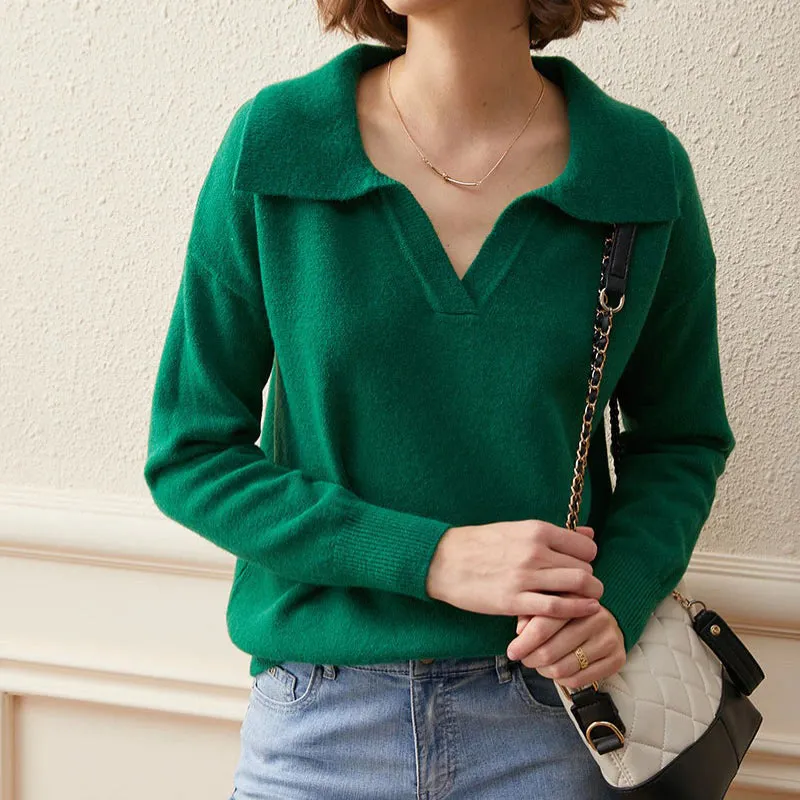 Collared V-Neck Loose Fit Long Sleeve Pullover Sweaters