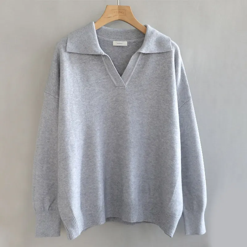 Collared V-Neck Loose Fit Long Sleeve Pullover Sweaters