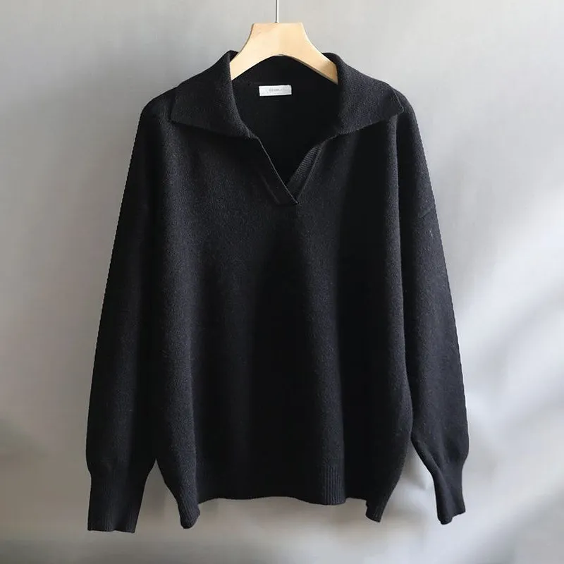 Collared V-Neck Loose Fit Long Sleeve Pullover Sweaters