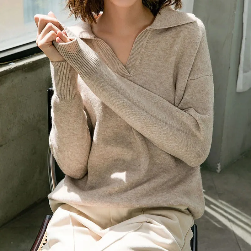 Collared V-Neck Loose Fit Long Sleeve Pullover Sweaters