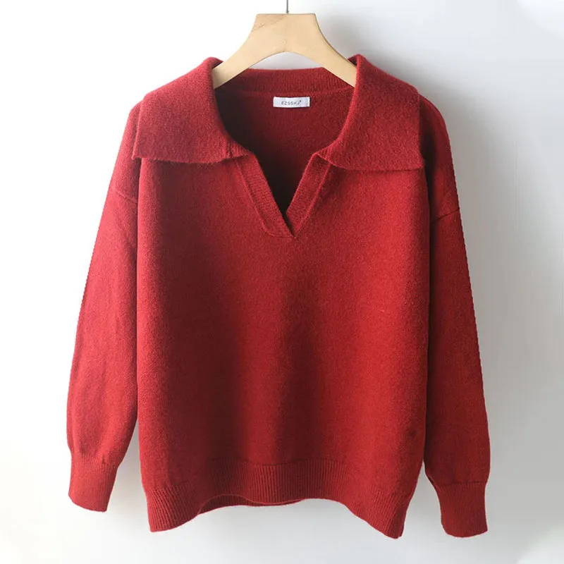 Collared V-Neck Loose Fit Long Sleeve Pullover Sweaters