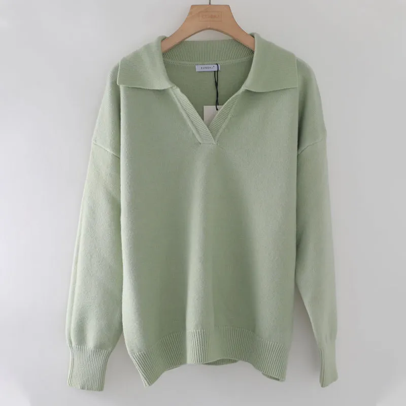 Collared V-Neck Loose Fit Long Sleeve Pullover Sweaters