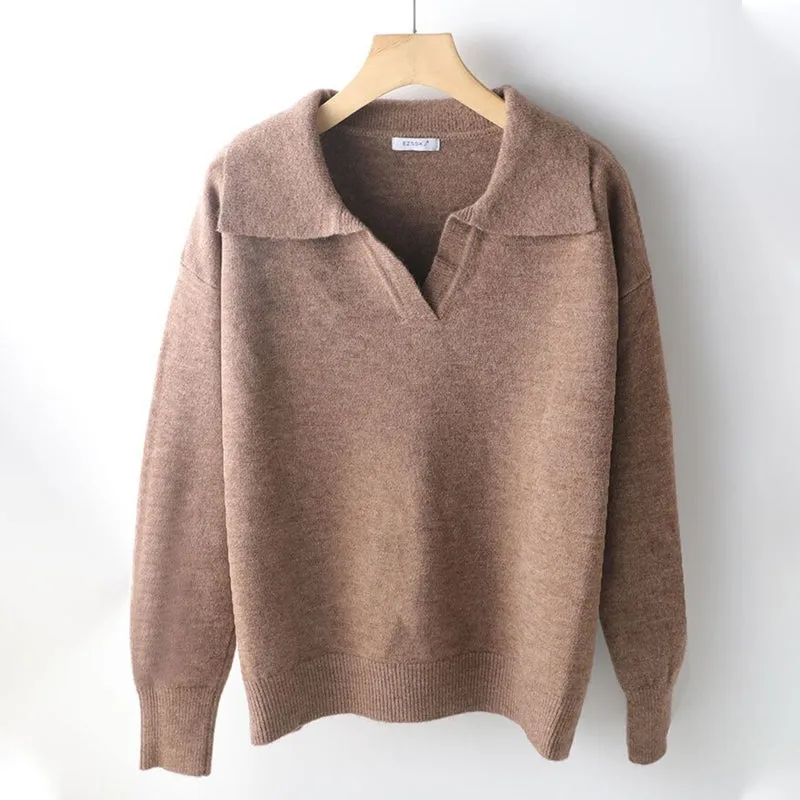 Collared V-Neck Loose Fit Long Sleeve Pullover Sweaters