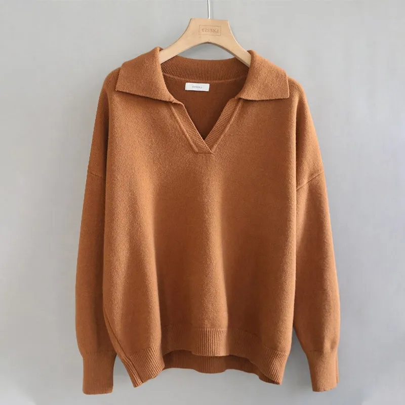 Collared V-Neck Loose Fit Long Sleeve Pullover Sweaters