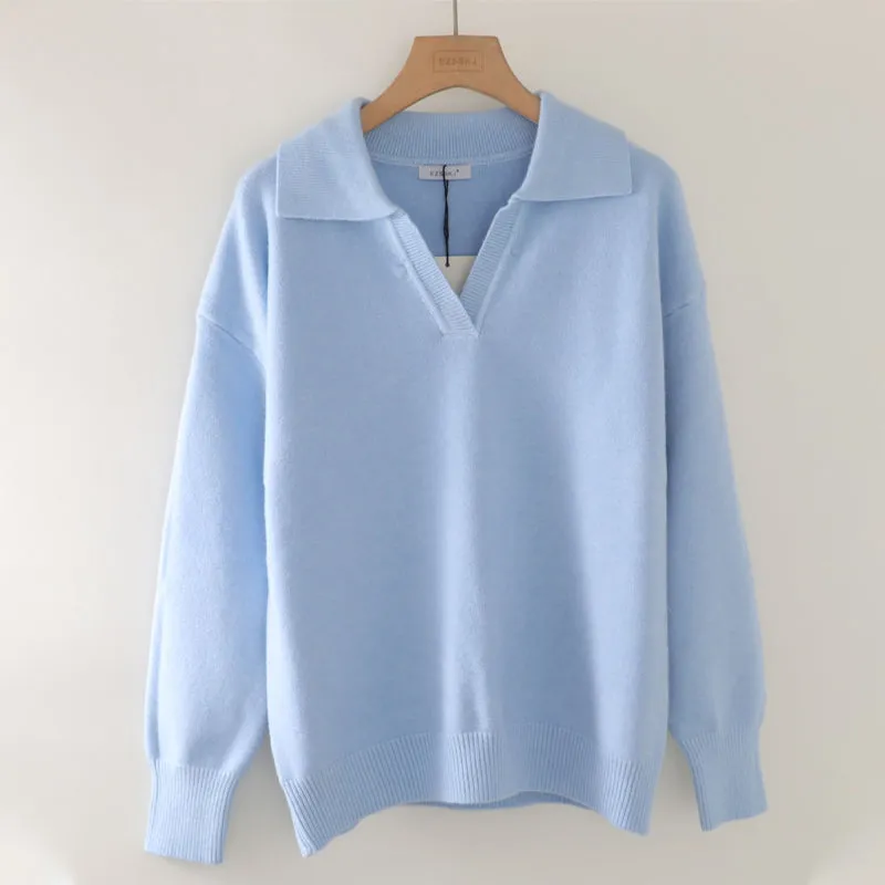 Collared V-Neck Loose Fit Long Sleeve Pullover Sweaters