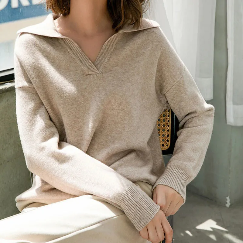 Collared V-Neck Loose Fit Long Sleeve Pullover Sweaters