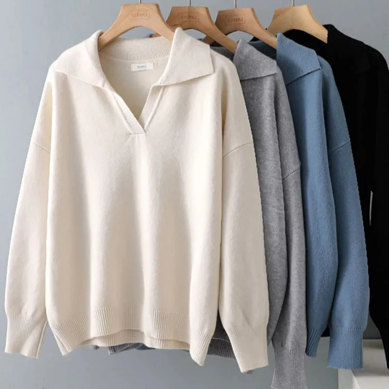 Collared V-Neck Loose Fit Long Sleeve Pullover Sweaters