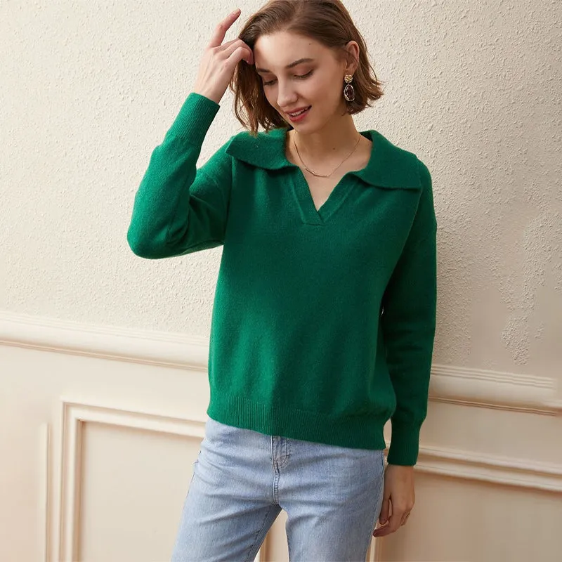 Collared V-Neck Loose Fit Long Sleeve Pullover Sweaters