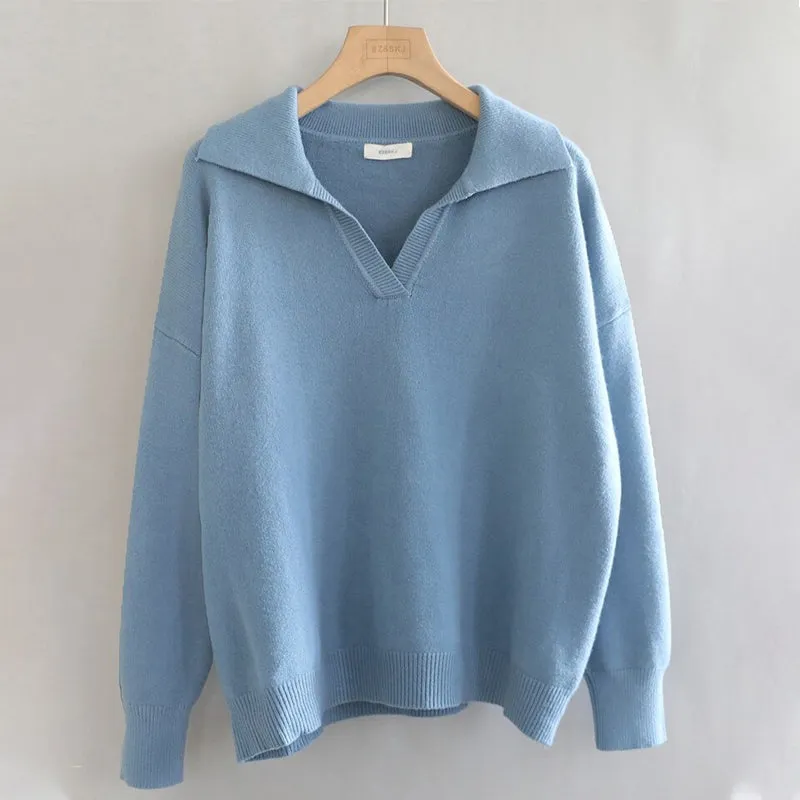 Collared V-Neck Loose Fit Long Sleeve Pullover Sweaters