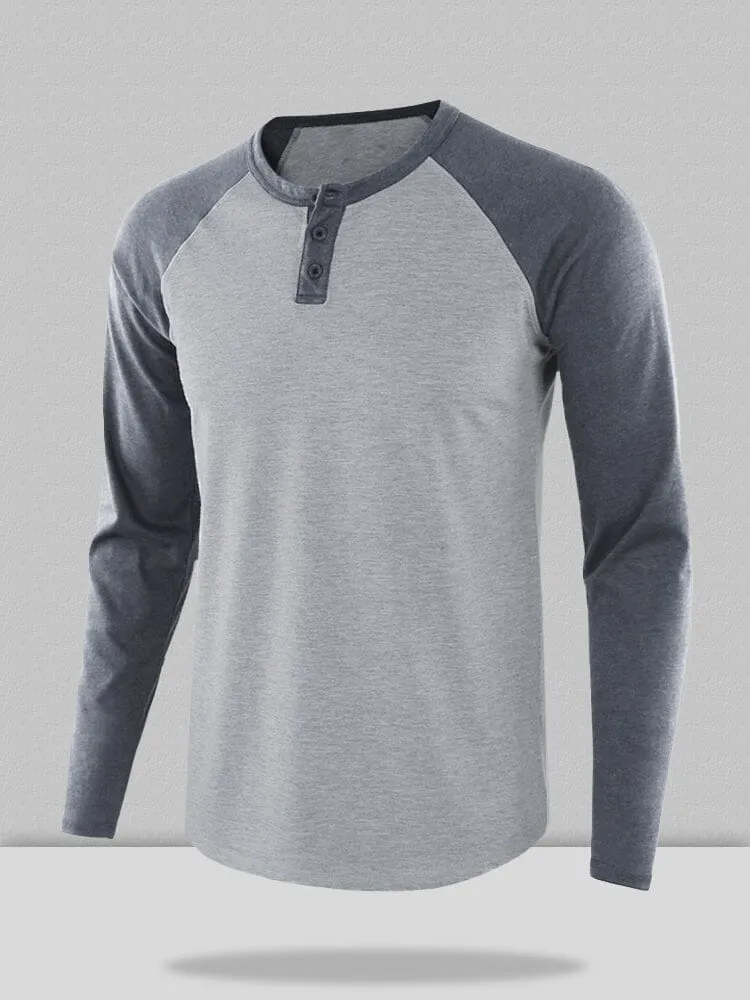 Color Blocking Round Neck Button Long Sleeve Henley Shirt