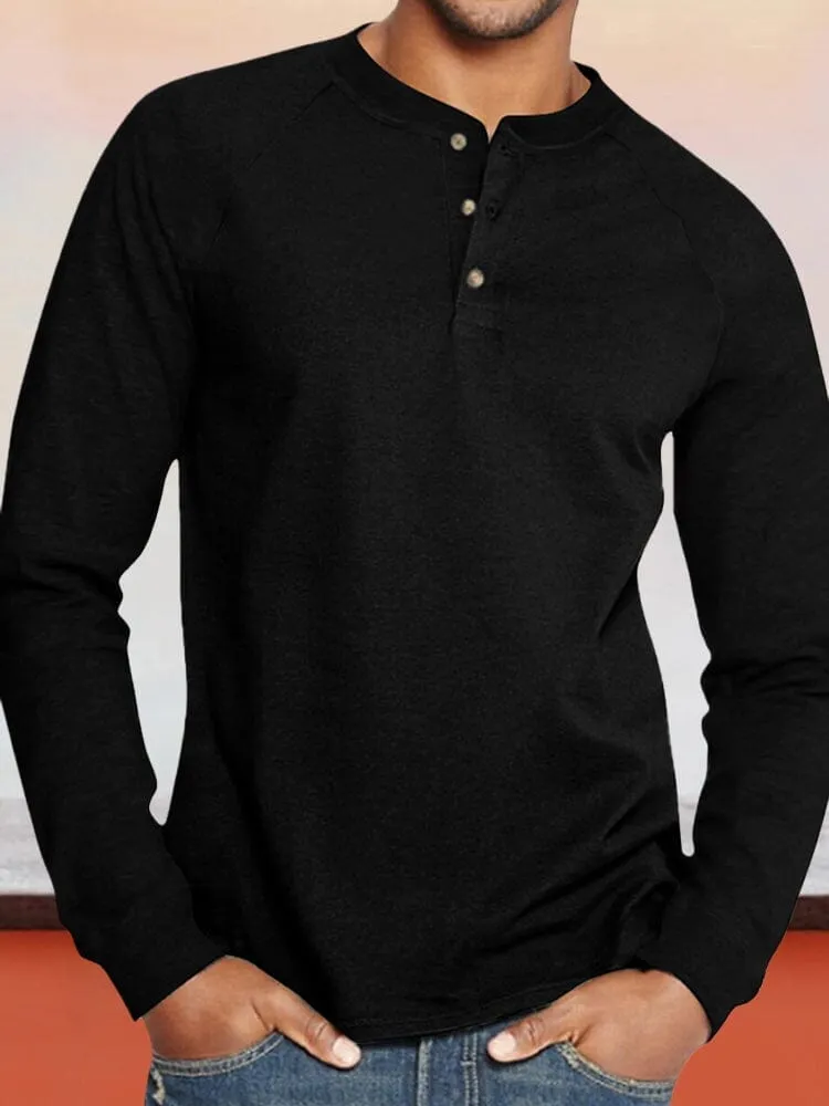 Color Blocking Round Neck Button Long Sleeve Henley Shirt