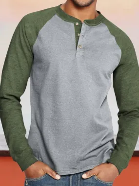 Color Blocking Round Neck Button Long Sleeve Henley Shirt