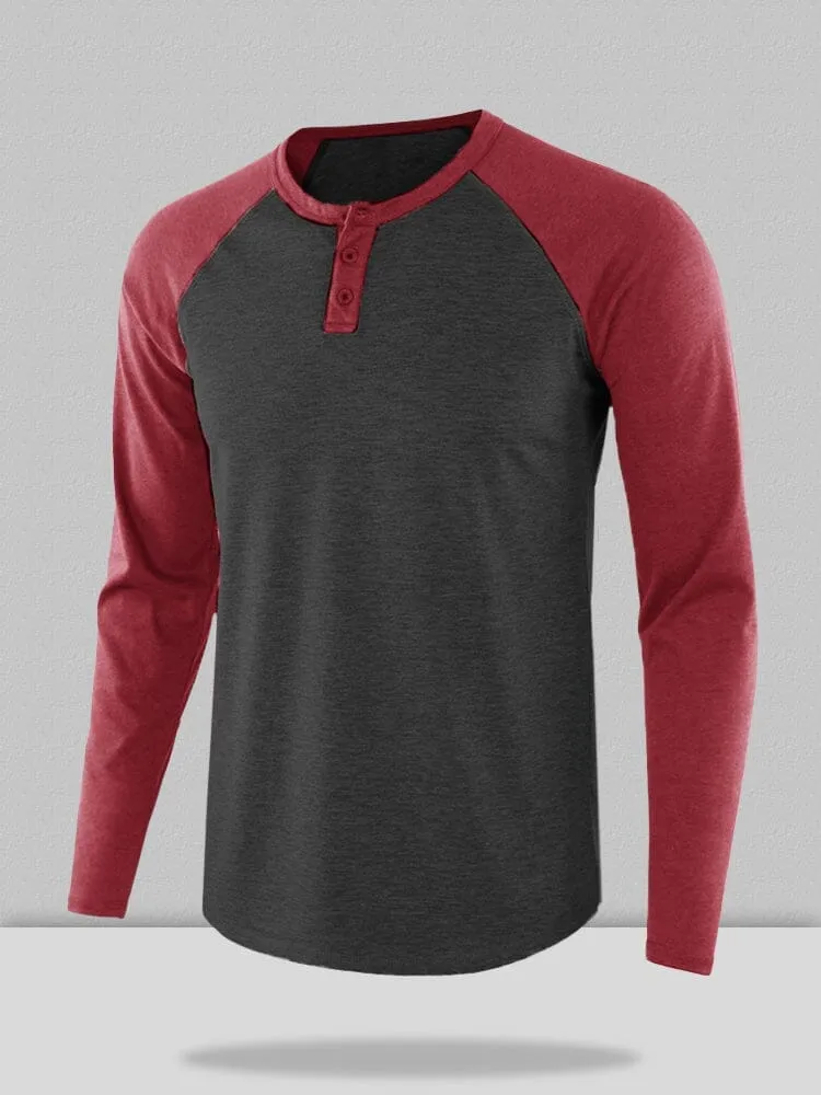 Color Blocking Round Neck Button Long Sleeve Henley Shirt