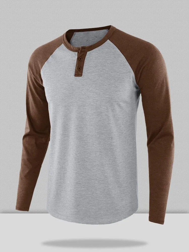 Color Blocking Round Neck Button Long Sleeve Henley Shirt