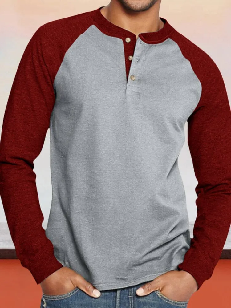 Color Blocking Round Neck Button Long Sleeve Henley Shirt