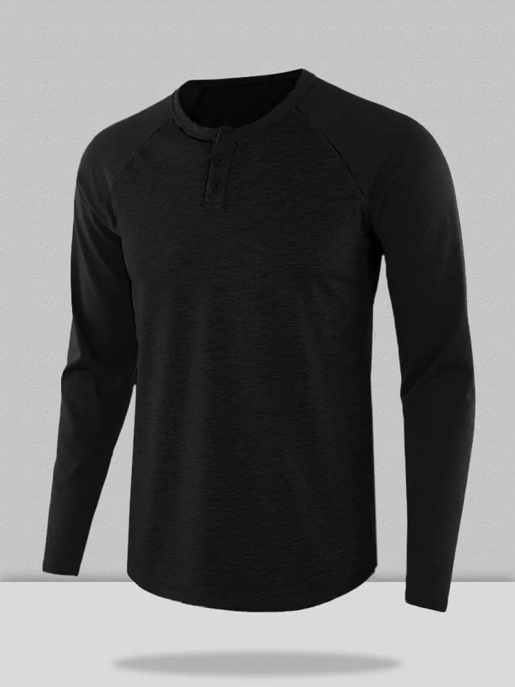 Color Blocking Round Neck Button Long Sleeve Henley Shirt