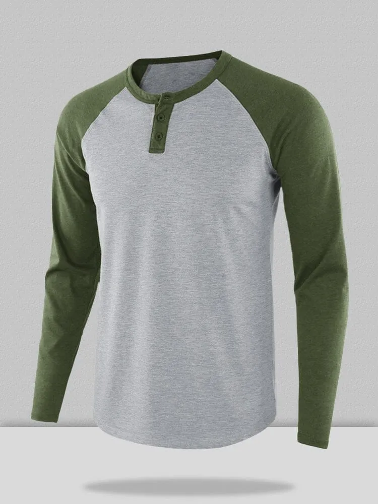 Color Blocking Round Neck Button Long Sleeve Henley Shirt