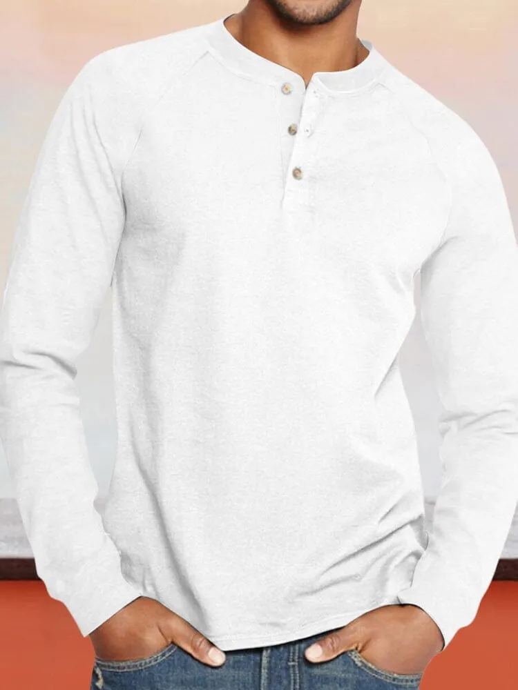 Color Blocking Round Neck Button Long Sleeve Henley Shirt