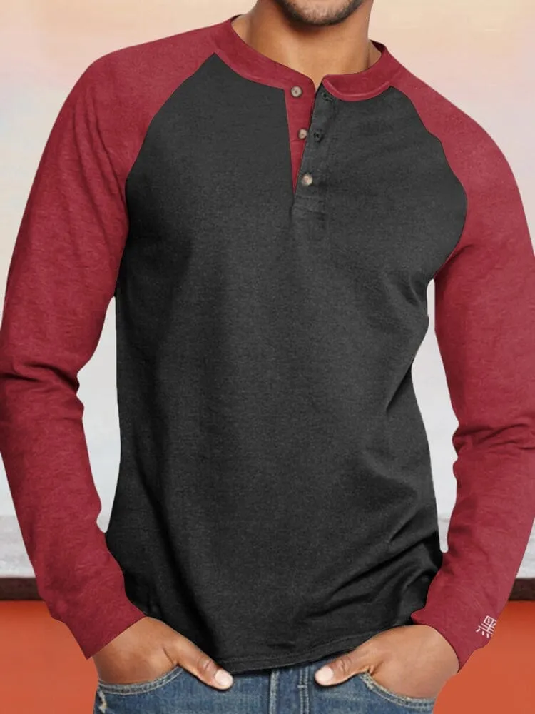 Color Blocking Round Neck Button Long Sleeve Henley Shirt