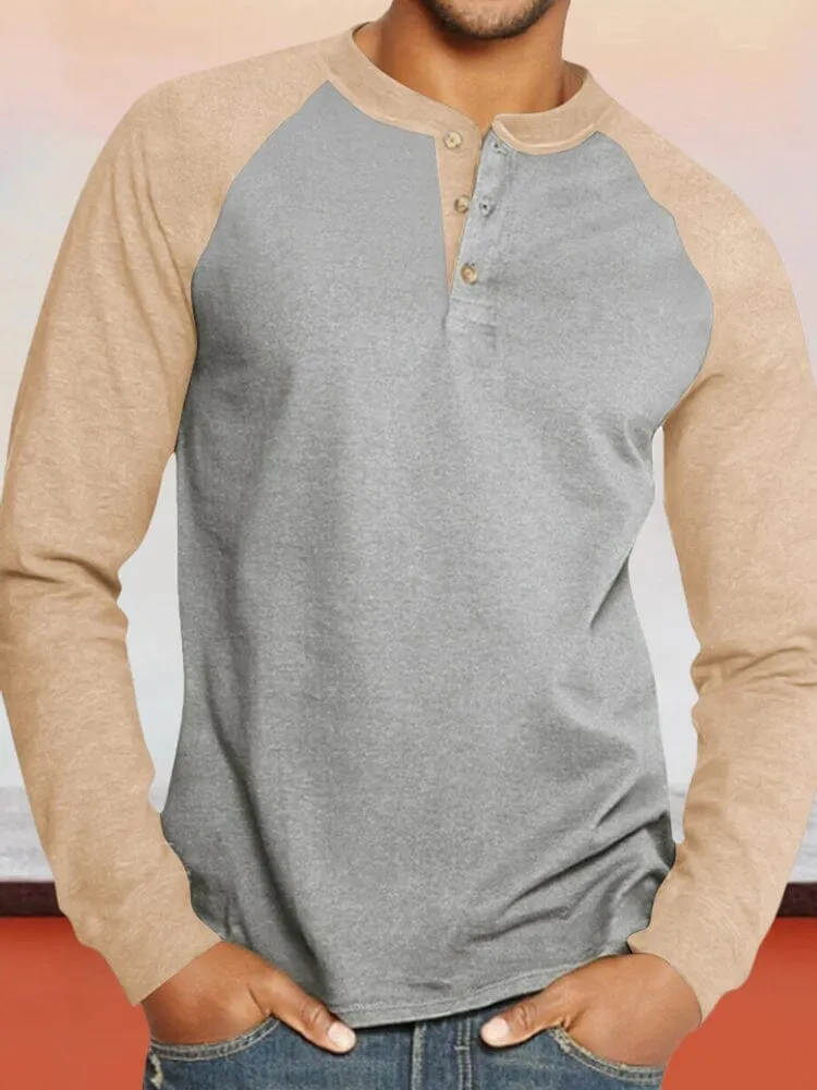 Color Blocking Round Neck Button Long Sleeve Henley Shirt